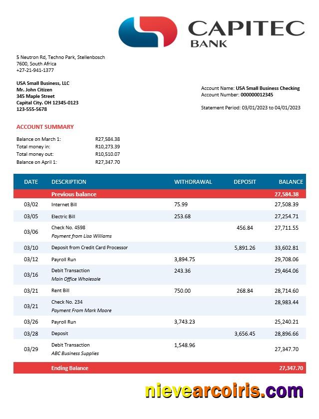 Capitec Bank firm account statement